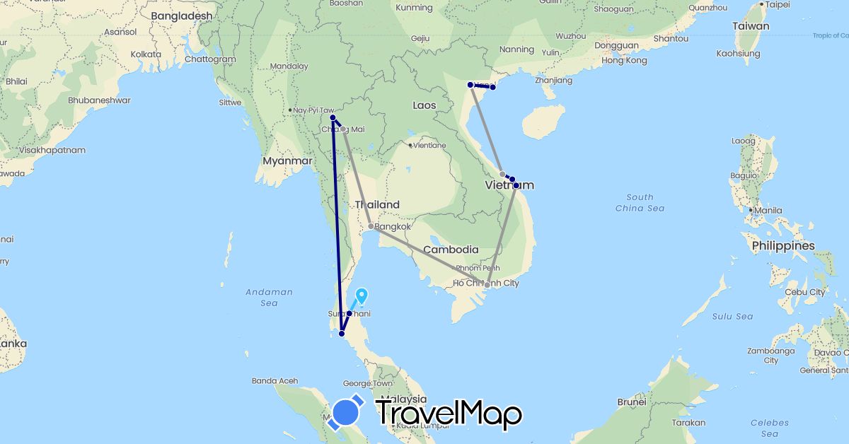 TravelMap itinerary: driving, plane, boat in Thailand, Vietnam (Asia)
